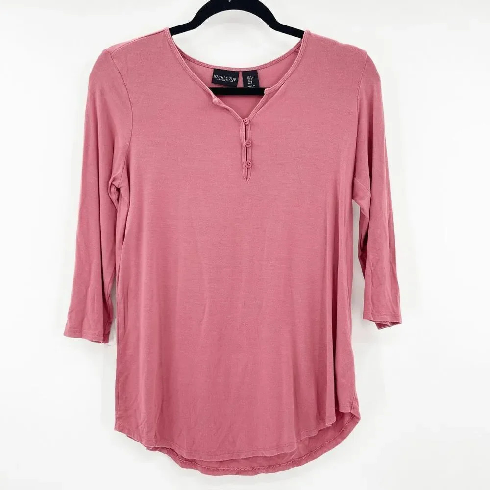 Rachel Zoe Henley Top Women's Size S Pink 3/4 Sleeve Casual Curved Hem